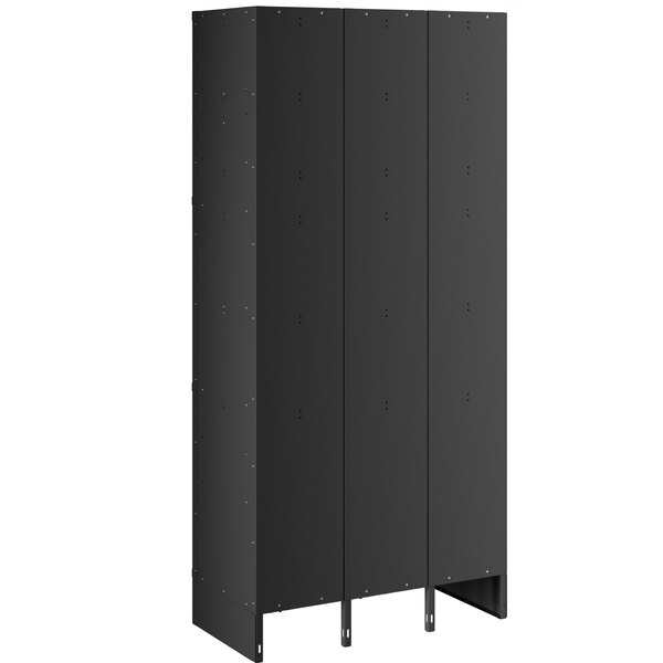 A black metal cabinet with three doors and three tiers.