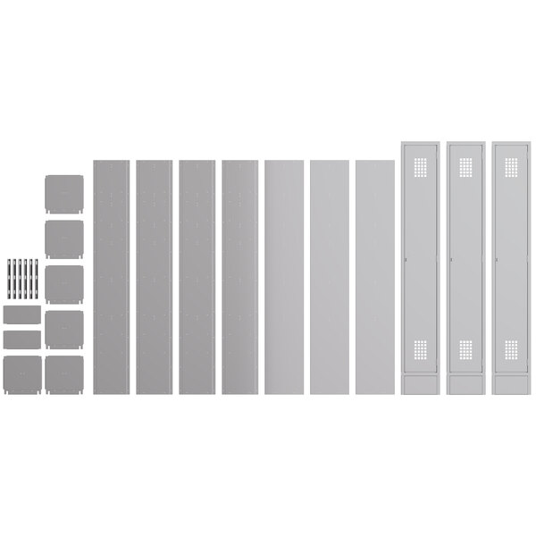 A row of unassembled gray metal Regency lockers with white doors.