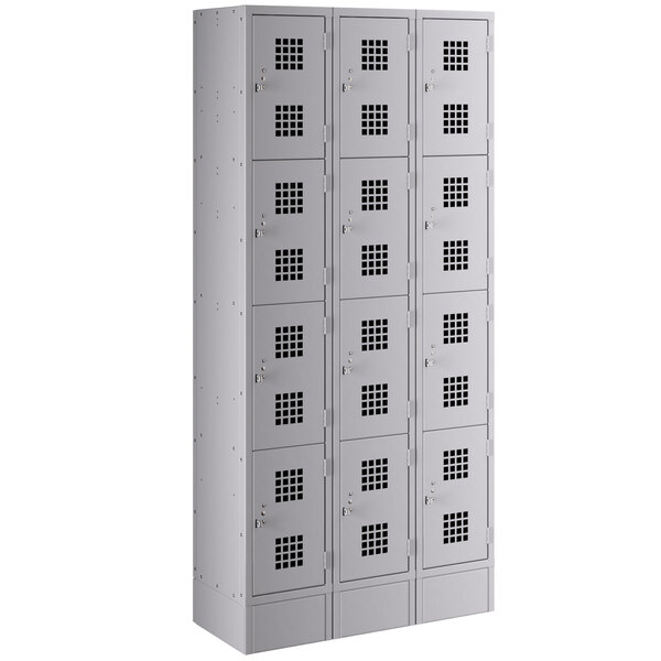 A group of gray Regency lockers with many small doors.