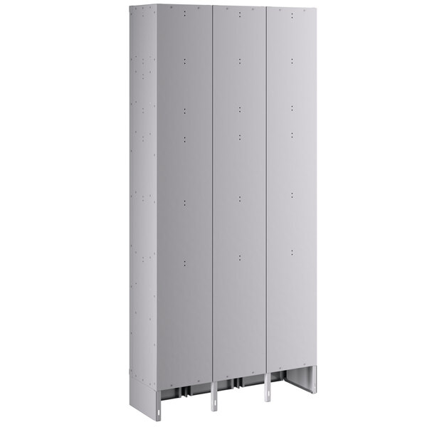 A grey Regency Space Solutions metal locker with three doors.