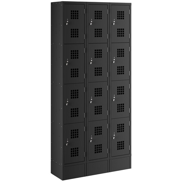 A black metal Regency locker with many small doors.