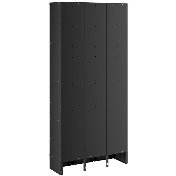 A black metal rectangular locker with 3 wide doors and 4 tiers, with holes in the doors.