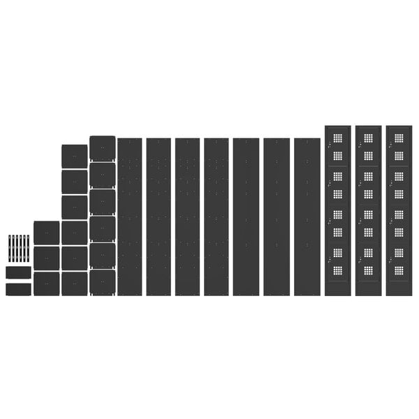 A black, unassembled Regency locker set with 3 wide and 4 tiered rectangular lockers.