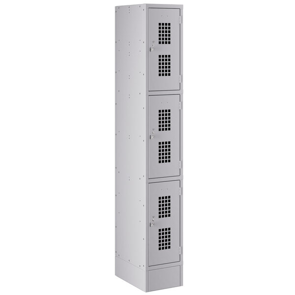 A gray Regency 3 tier locker with one door open.