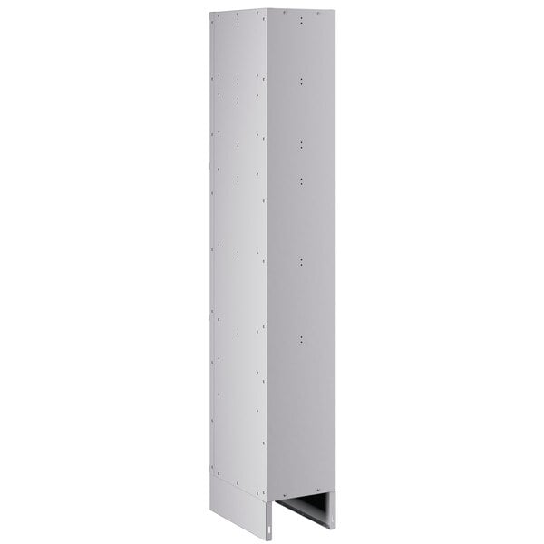 A gray rectangular metal locker with holes in it.