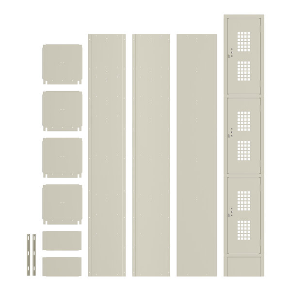 A group of Regency metal lockers with a white border and windows.