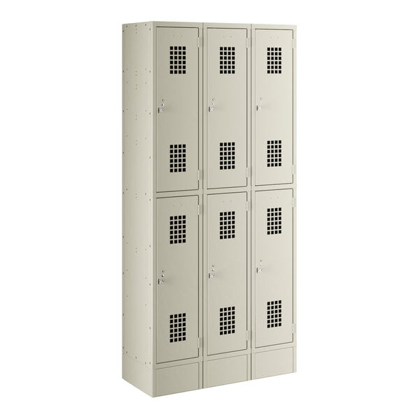 A beige Regency Space Solutions 3 wide, 2 tier locker with 6 doors.