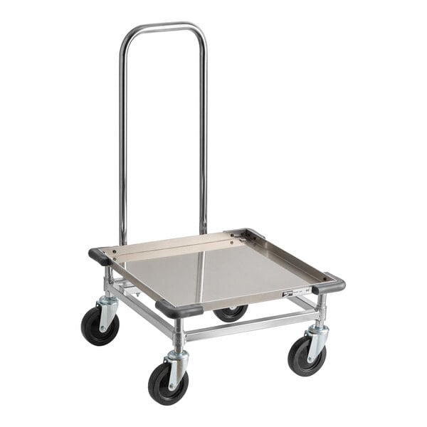 A heavy duty aluminum glass rack dolly with a handle and corner bumpers.