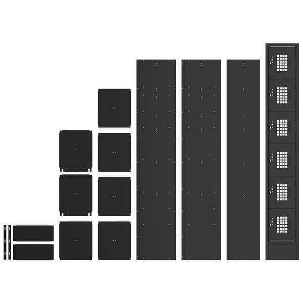 A black metal rectangular locker with holes in it.