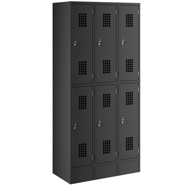 A black Regency 3 wide, 2 tier locker with four doors.
