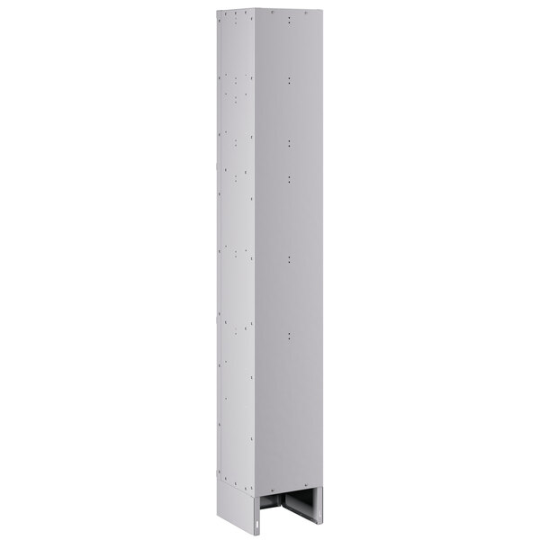 A gray rectangular metal locker with holes.