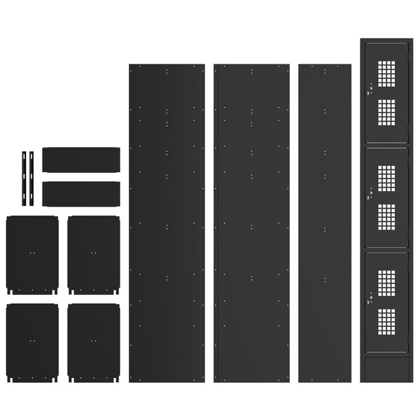 A black metal Regency locker with multiple rectangular doors.