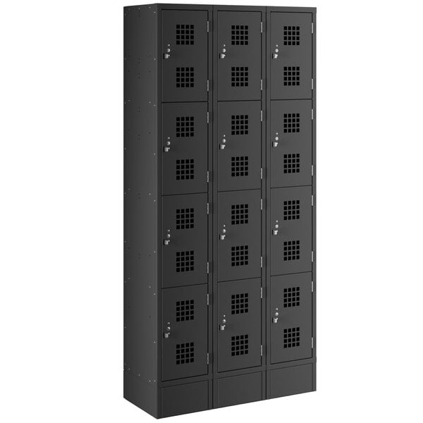 A black Regency locker with twelve compartments.