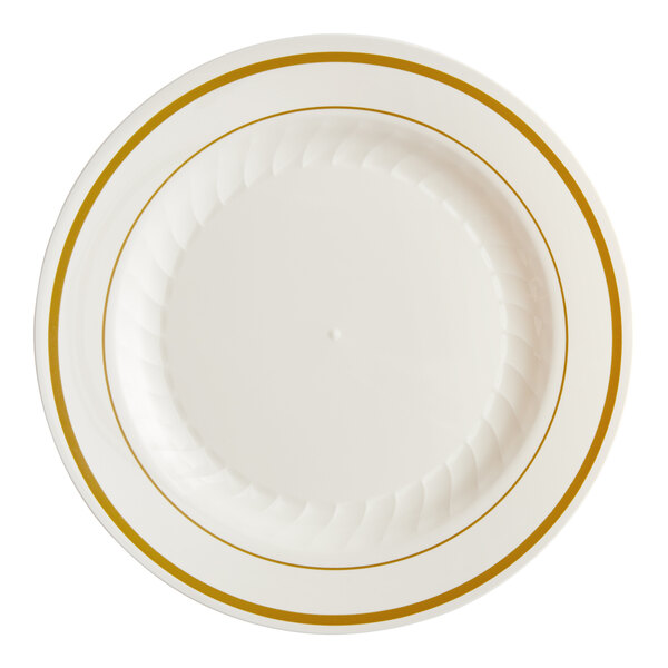 A white plate with a gold rim.
