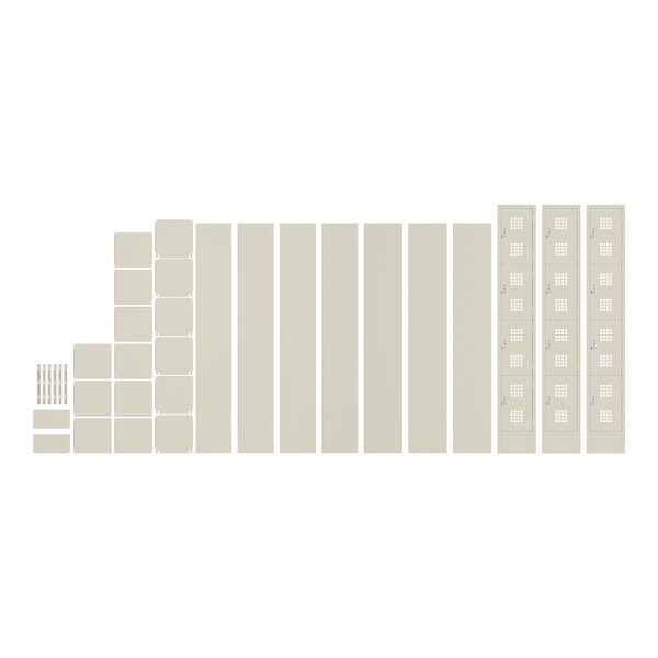 A white line drawing of a row of rectangular, beige, Regency lockers with doors.