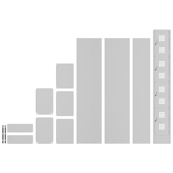 A white rectangular unassembled metal locker with square windows and rectangular holes.