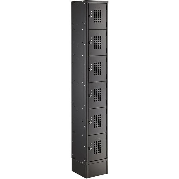 A tall black metal Regency locker with four compartments and holes.
