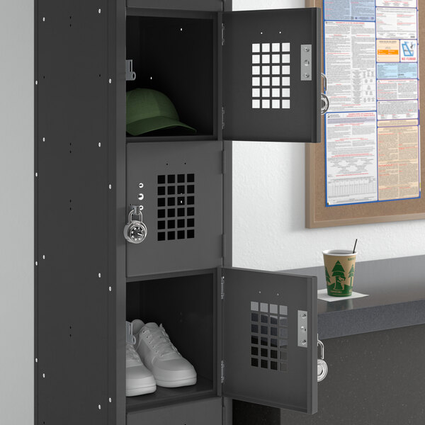 A black Regency locker with a hat and shoes on it.
