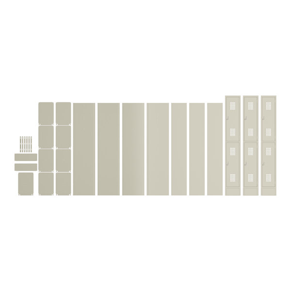 A row of white Regency lockers with black borders and doors.