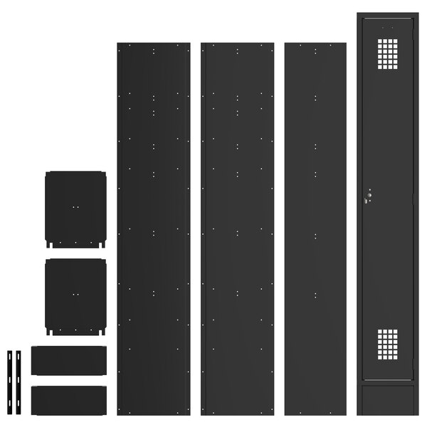A black rectangular metal panel with various parts.