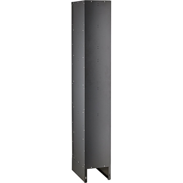 A black rectangular metal locker with screws and holes.