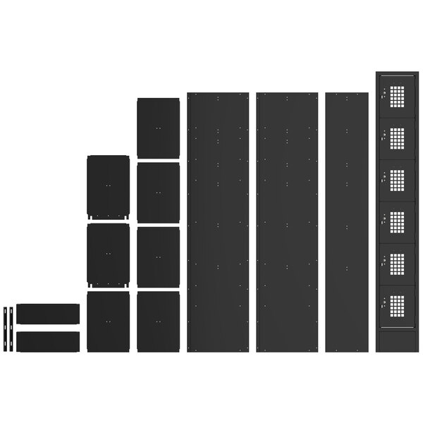 A black rectangular object with many square holes.