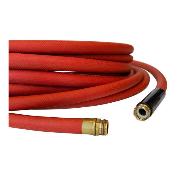 A 50-foot red commercial hot water hose with brass fittings.