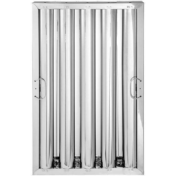 A close-up of a stainless steel hood filter.