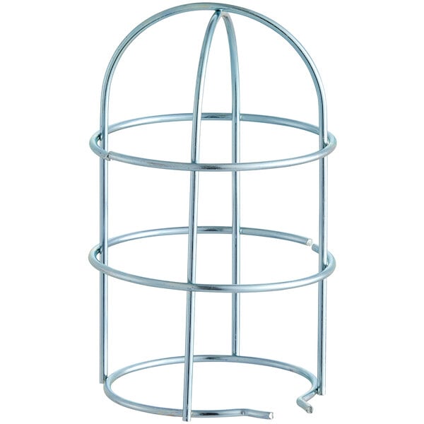 A metal wire light bulb guard with a round top.