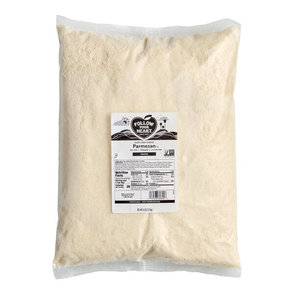 A 5-pound bag of Follow Your Heart dairy-free vegan grated Parmesan cheese.