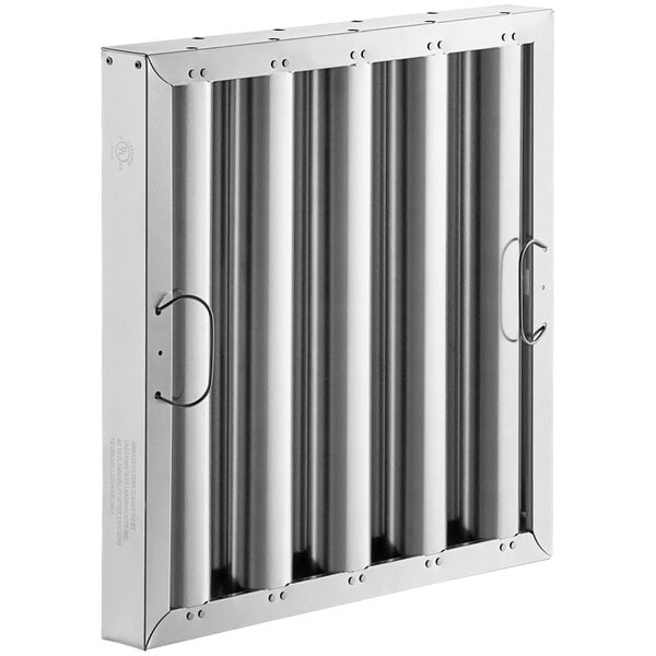 An aluminum rectangular hood filter with rows of holes.