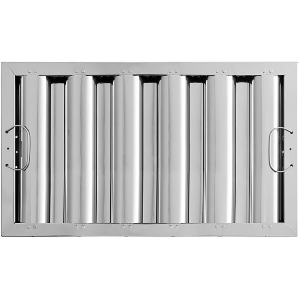 A stainless steel hood filter panel with metal ridges.