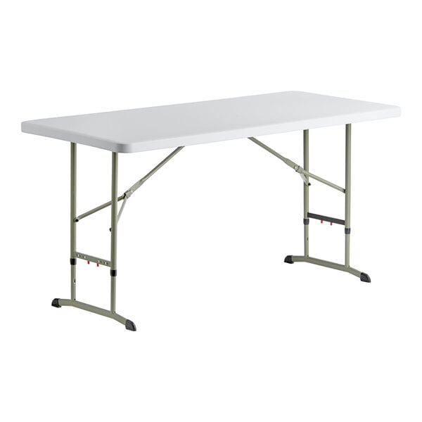 Lancaster Table & Seating 30" x 72" Granite White Heavy-Duty Blow Molded 27 1/2"-39" Adjustable Height Plastic Folding Table with Sage Gray Legs