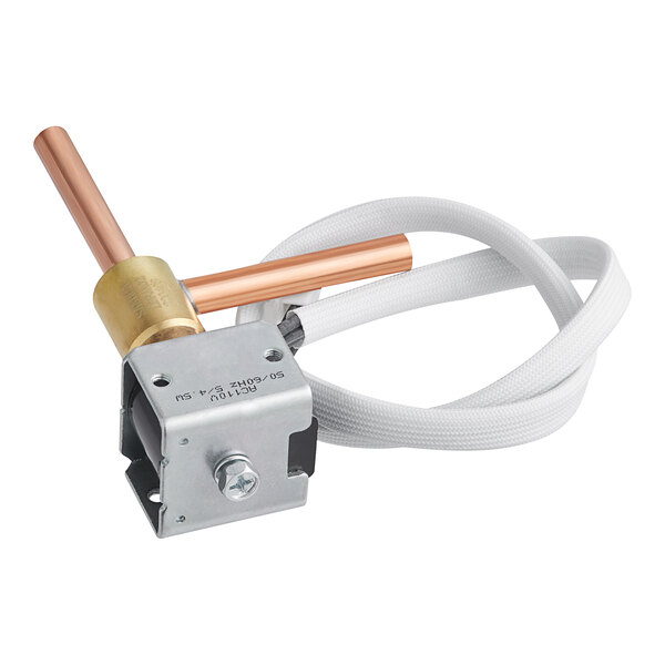 A copper Avantco solenoid valve with brass fittings and white hose.