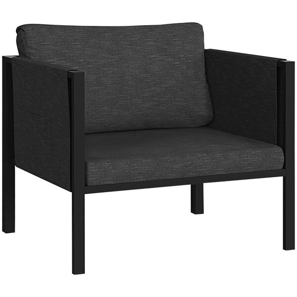 A black Flash Furniture outdoor chair with storage pockets.