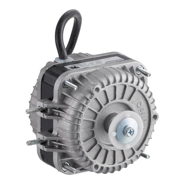 An Avantco condenser fan motor with black wires and a black cover over a grey metal device.