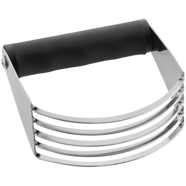A stainless steel pastry blender with black non-slip handle.