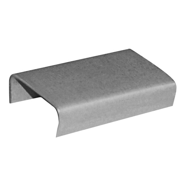 A grey rectangular Lavex snap-on open seal for steel strapping on a white background.