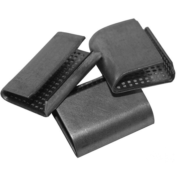 A group of black plastic serrated snap-on seals for strapping.