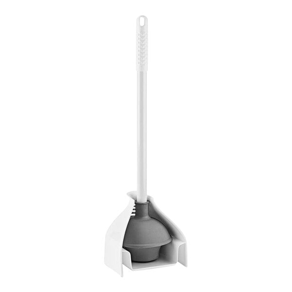 A white Libman toilet plunger with a black handle in a white caddy.