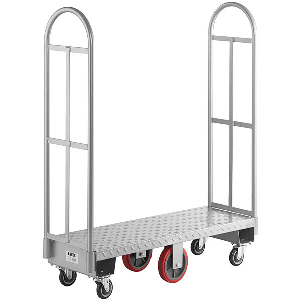 A metal Lavex U-Boat utility cart with a metal frame and red wheels.