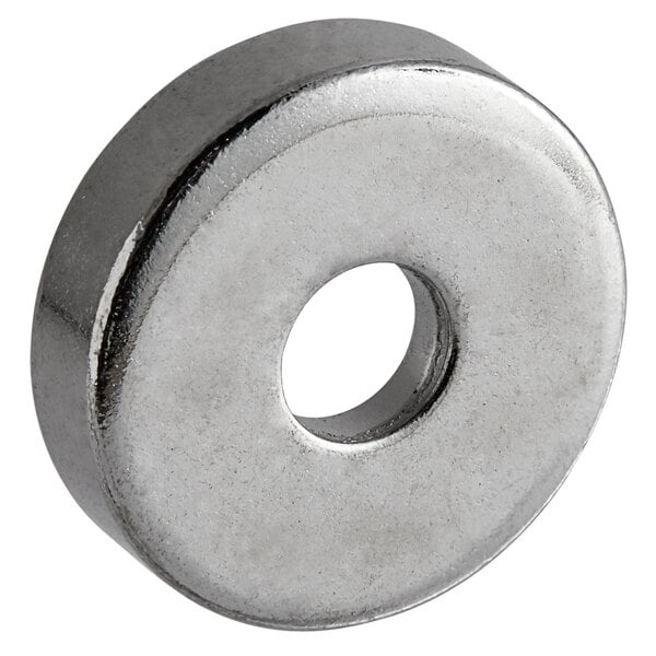 A round stainless steel washer with a hole in the center.