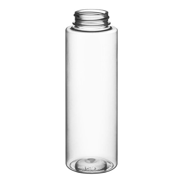 A clear plastic cylinder PET sauce bottle with a white lid.