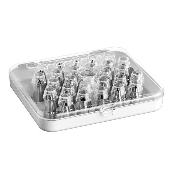 A 26-piece stainless steel piping tip decorating set in a clear plastic storage case.