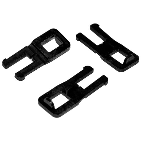 A group of black Lavex plastic buckles with holes.