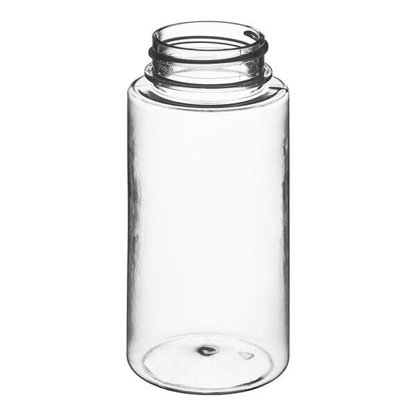 A clear cylinder PET sauce bottle with a black cap.