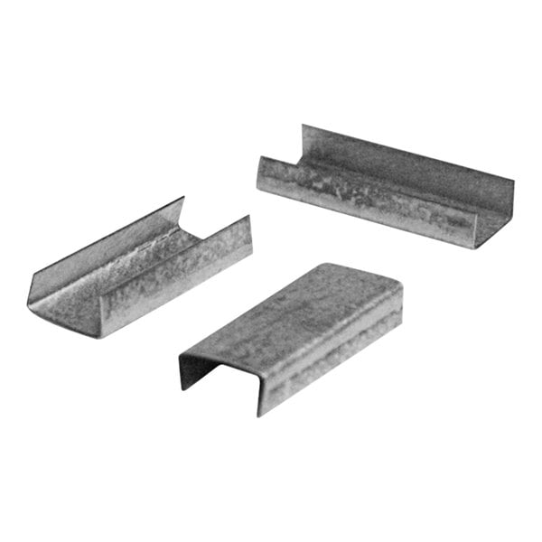 A close-up of several Lavex snap-on open steel strapping seals.