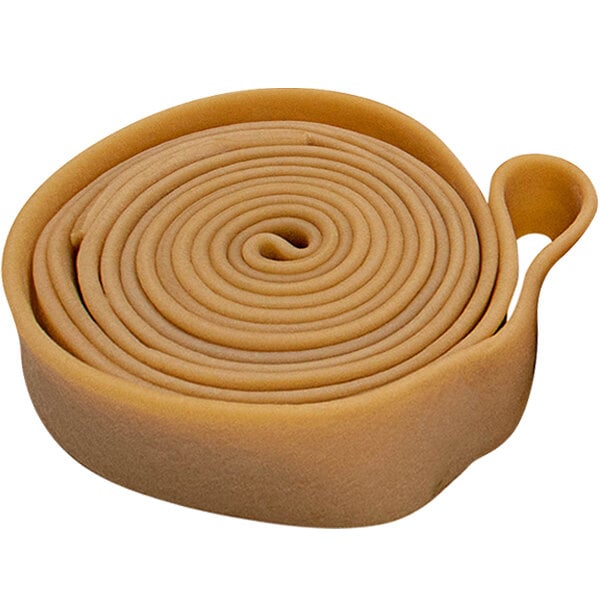 A close-up of a rolled up brown Lavex rubber band.
