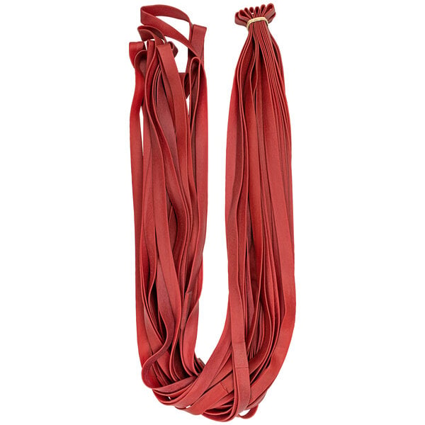 A red rubber band with long ends.