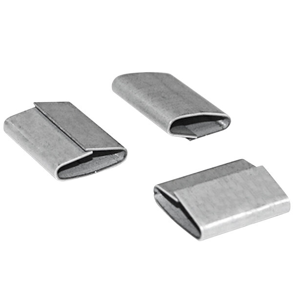 Several Lavex metal push-on closed seals for steel strapping on a white background.